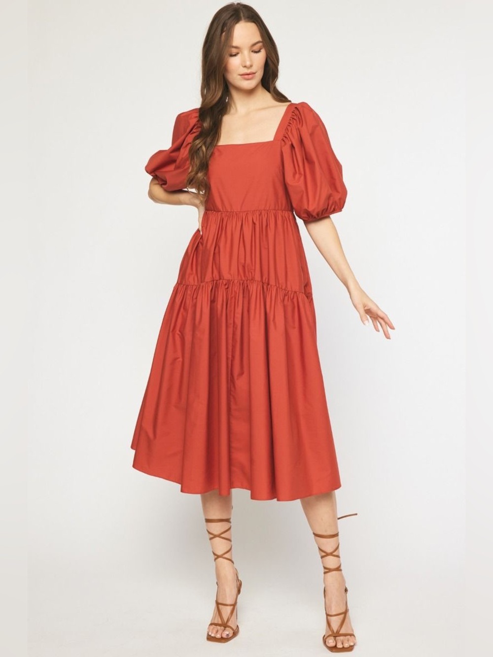 entro Rust Puff-Sleeve Tiered Midi Dress